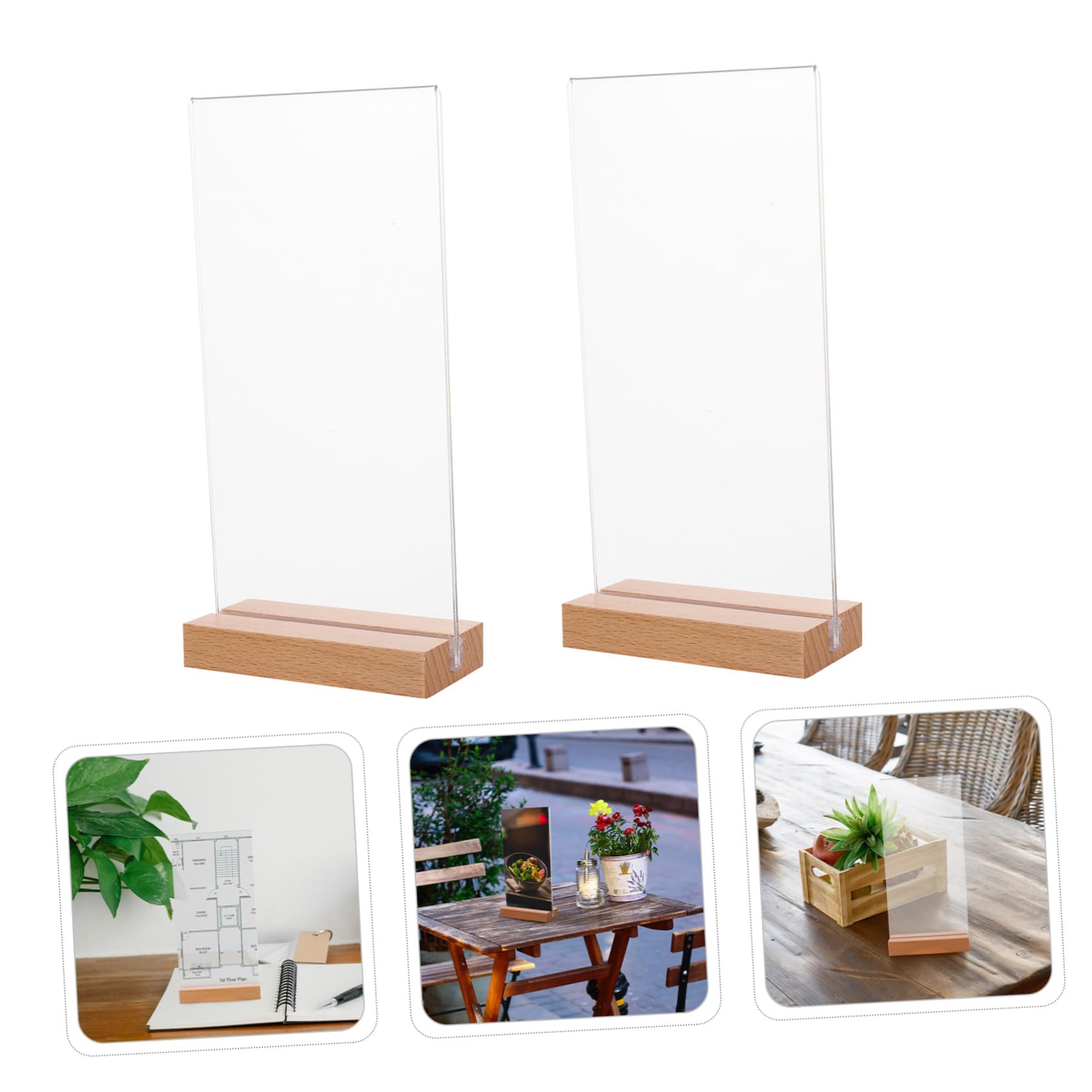 5 Piezas Soporte para Carteles Acrílico Transparente con Base Madera Exhibidor T Doble Cara para Menús Soporte Plástico para Publicidad Restaurantes Bodas y Tiendas de Unidades