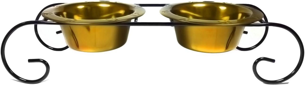 Platinum Pets Double Diner Low Feeder with Scroll Stand, 54-Ounce, Gold