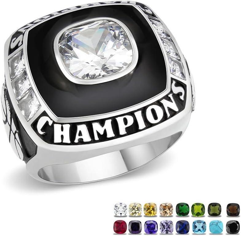 Stainless Steel Championship Ring Custom Text and Color - Trophy, Football, Baseball, Basketball, Esports, Fantasy Sports, Hockey, Cheer