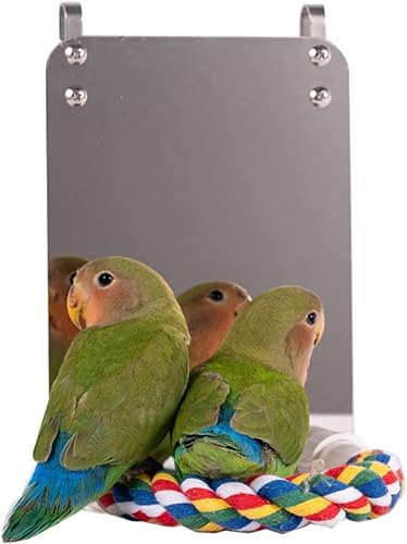 Miniatura 8 de Barn Eleven Espejo de pájaro con percha de cuerda cacatúa espejo de acero inoxidable juguete de columpio para loros jaula de loro juguetes para