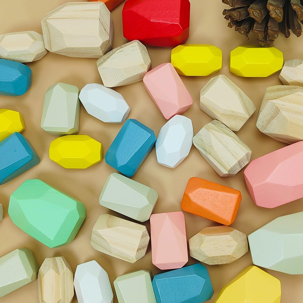 Wooden Stacking Rocks Building Blocks Set, 36 Pcs Montessori Stacking Game Sensory Learning Activities Balancing Stones Birthday Gifts for Playful Moments Easter Basket Stuffers Home Decor