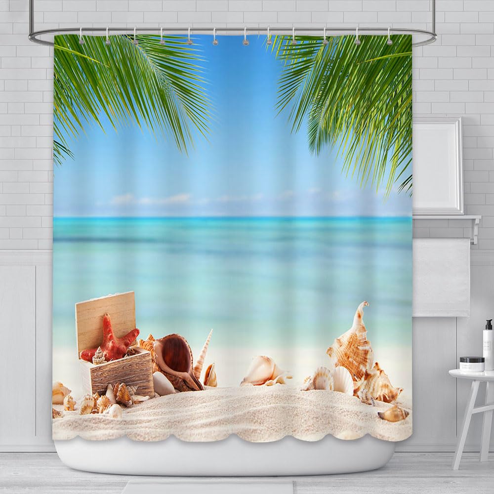 AIBIIN Cortina de ducha de playa de 180 x 180 cm, diseño de palmeras y hojas de caracola, lavable, tela de poliéster, con 12 ganchos