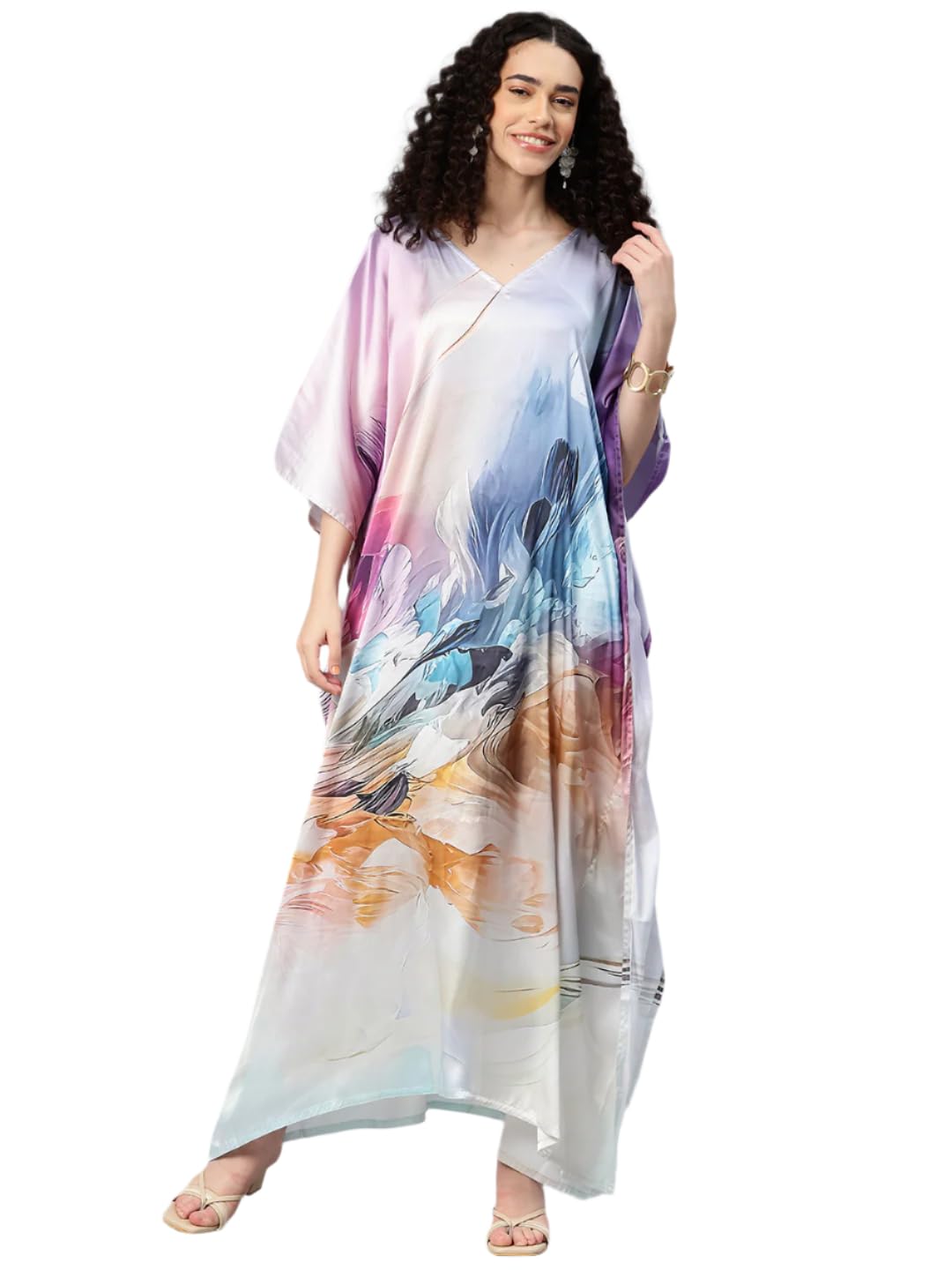 swi with label Women's Printed V-Neck Sleeves Long Satin Kaftan JKSB_006-picture-33