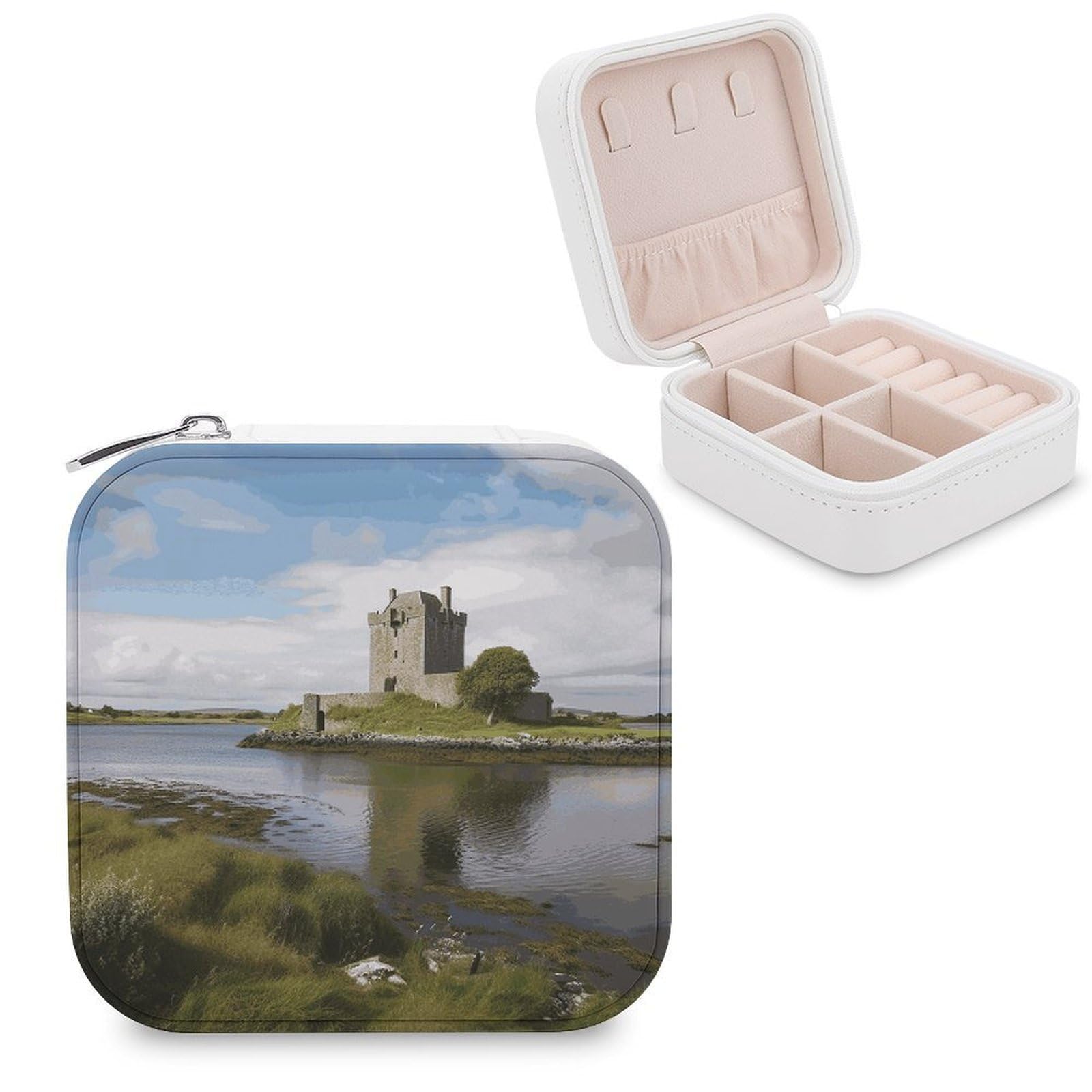 JTREHY Travel View of The Dunguaire Castle Jewelry Case Portable Display Storage Box PU Leather Mini Jewelry Travel Case Personalized Travel Jewelry Organizer Small Jewelry Box for Women