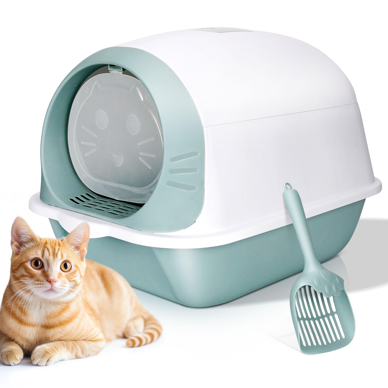 Pawchop Cat Litter Tray, Cat Litter Box with Anti-Spillage Lid, Enclosed Cats Litters Toilet with Charcoal Filter Odor Control, Extra Deep Hooded Litters Tray for Kittens - White and Green โ image 1