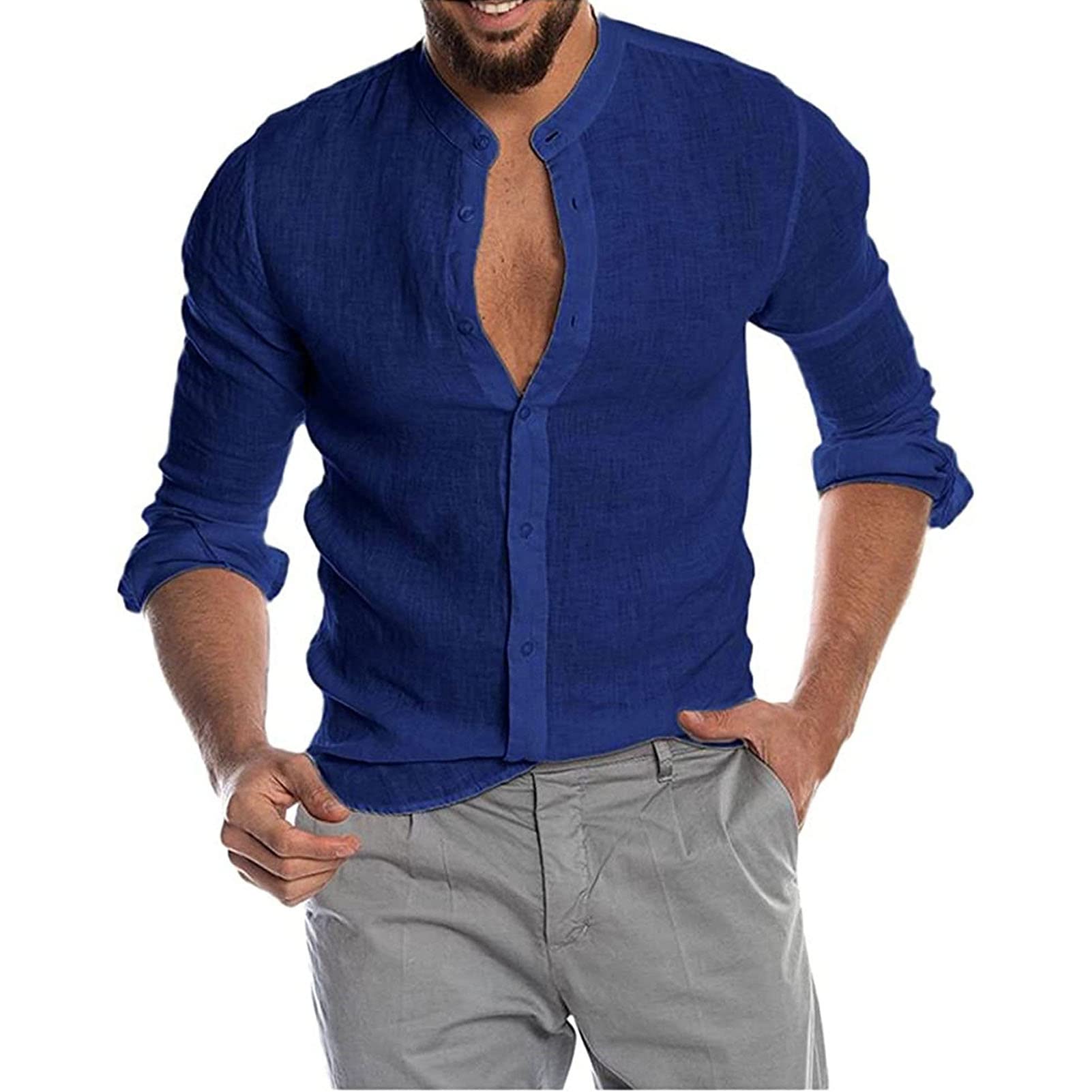 Men's Cotton Linen Long Sleeve Shirts Casual Button Down Banded Collar Yoga Shirt Dress Shirts Beach Tops (XX-Large,Blue)