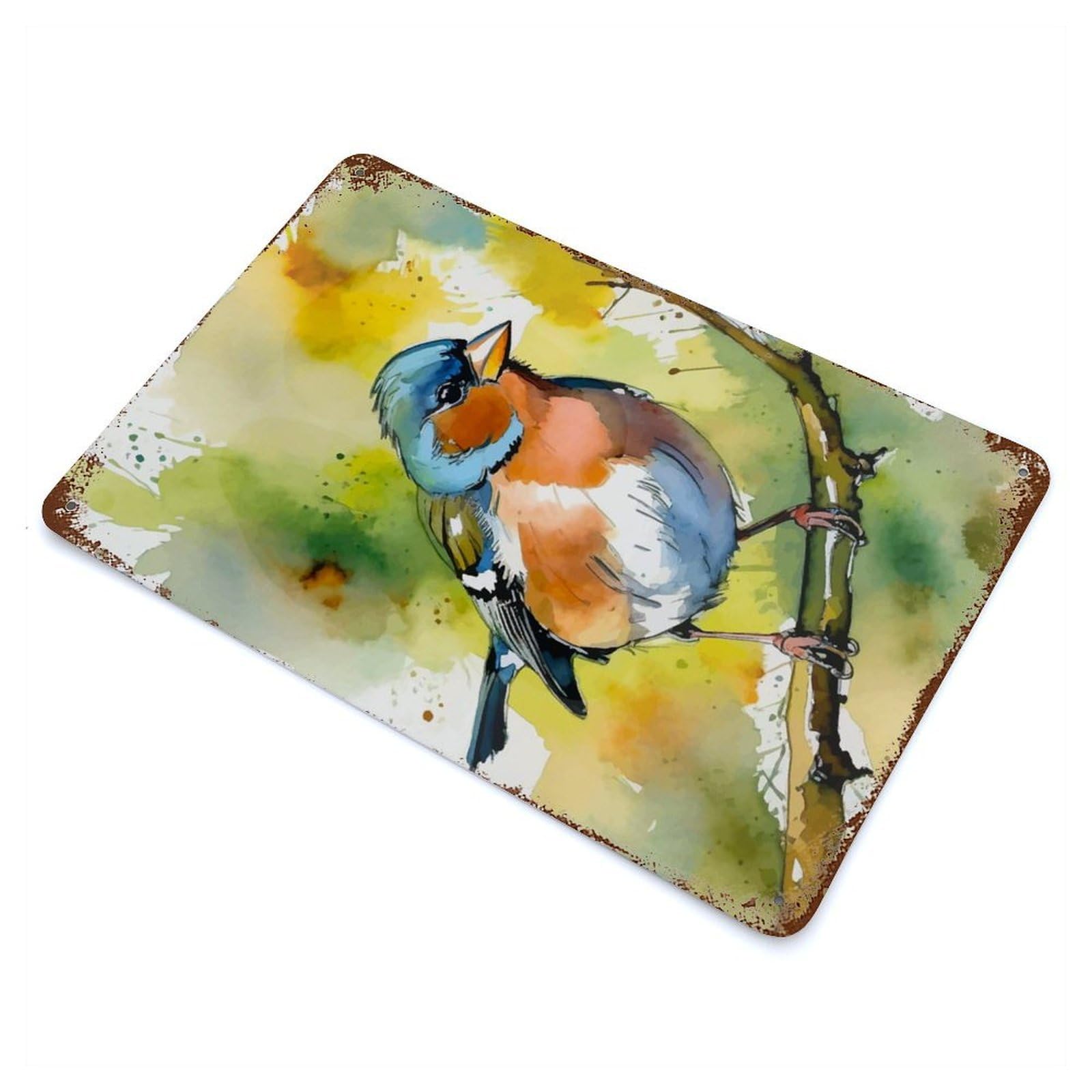 Rust Effect Watercolor Chaffinch Bird on Branch Vintage Rust Metal Sign 11.8"x7.9", Farmhouse Wall Decor for Basement, Hobby Room And Garage Decor