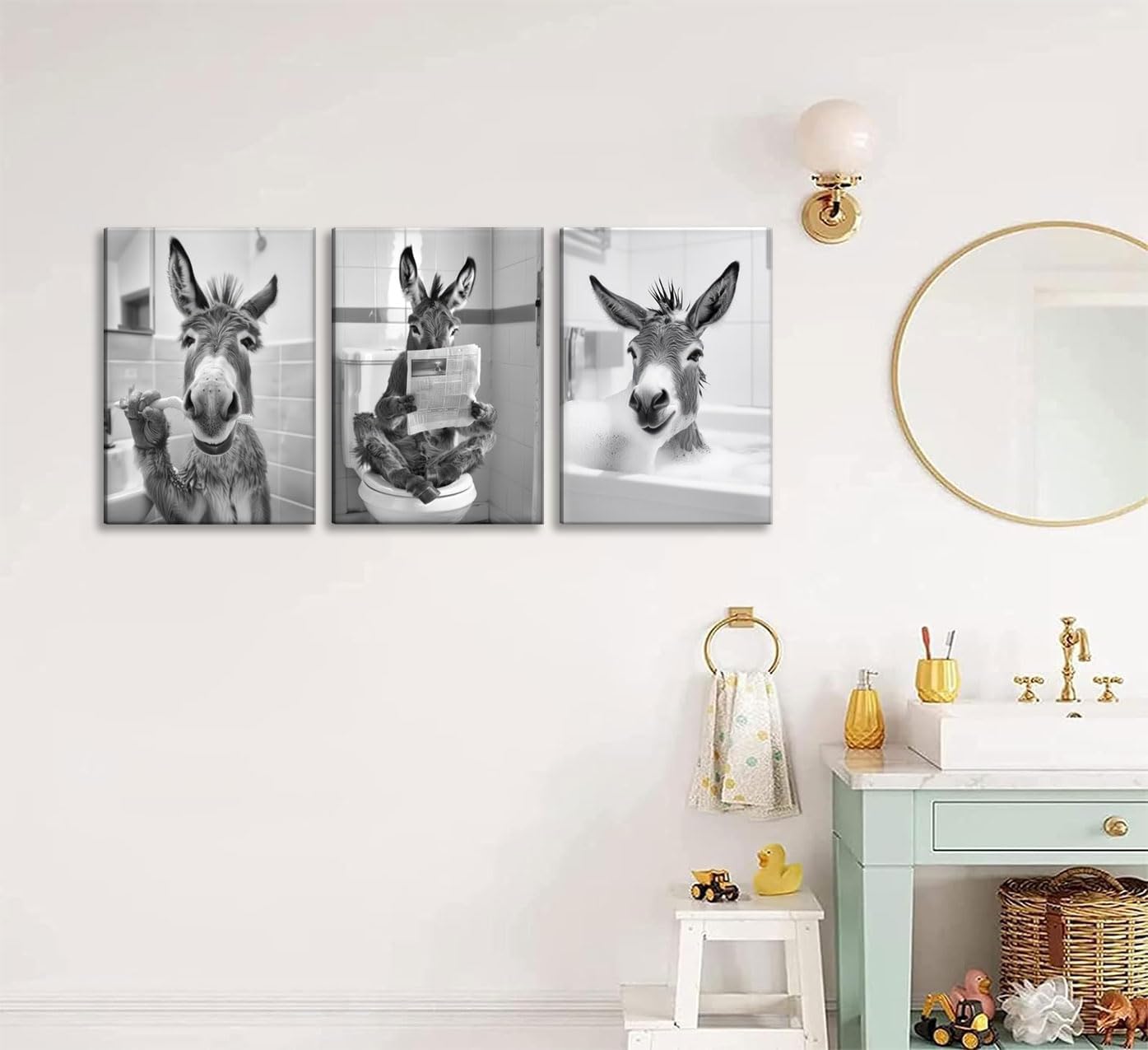 Funny Donkey Bathroom Canvas Wall Art Cute Animal Bathroom Wall Decor Pictures Artwork Donkey on Toilet Bath Brushing Teeth Poster Prints for Wc Toilet Home Decoration Prepare to hang