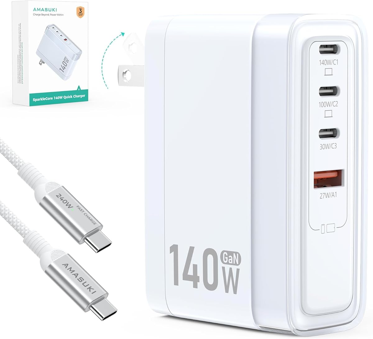 Amasuki SparkleCore 140W MAX USB C Charger,4-Port Fast Charging Block PD3.1 GaN Travel Essentials Laptop Charger for Apple MacBook Air/Pro,iPhone 17/16,iPad Pro,Samsung,Pixel,DJI,6.6ft USB C Cable