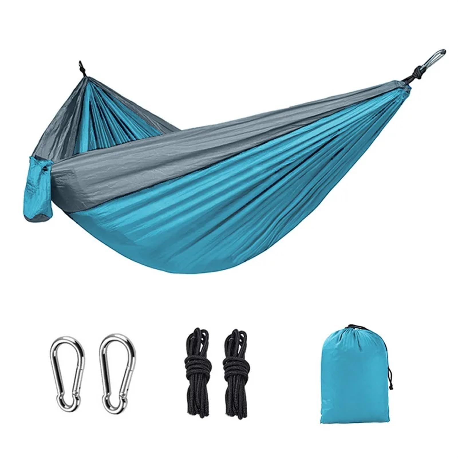 Amaca portatile 270 x 140 cm – Tessuto paracadute in nylon, misura singola e doppia, leggera, attrezzatura da campeggio ed escursionismo, perfetta per rilassarsi in giardino (blu)