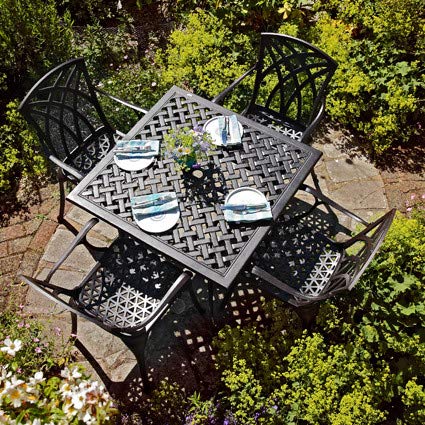 Lazy SusanFurniture - Lucy 91 x 91 cm Square 4 Seater Cast Aluminium Garden Set - Antique Bronze (Kate chairs, Terracotta cushions)