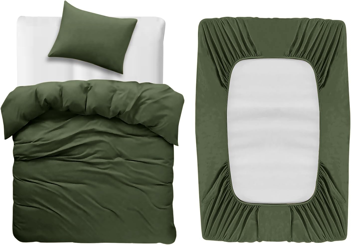 BedLooms 3 Piece Single Bedding Set Olive Green Duvet Cover Sets Fitted Sheet with Pilow case Single Duvet set Soft and Fade Resistant Brushed Microfiber Bedding Quilt Cover Set