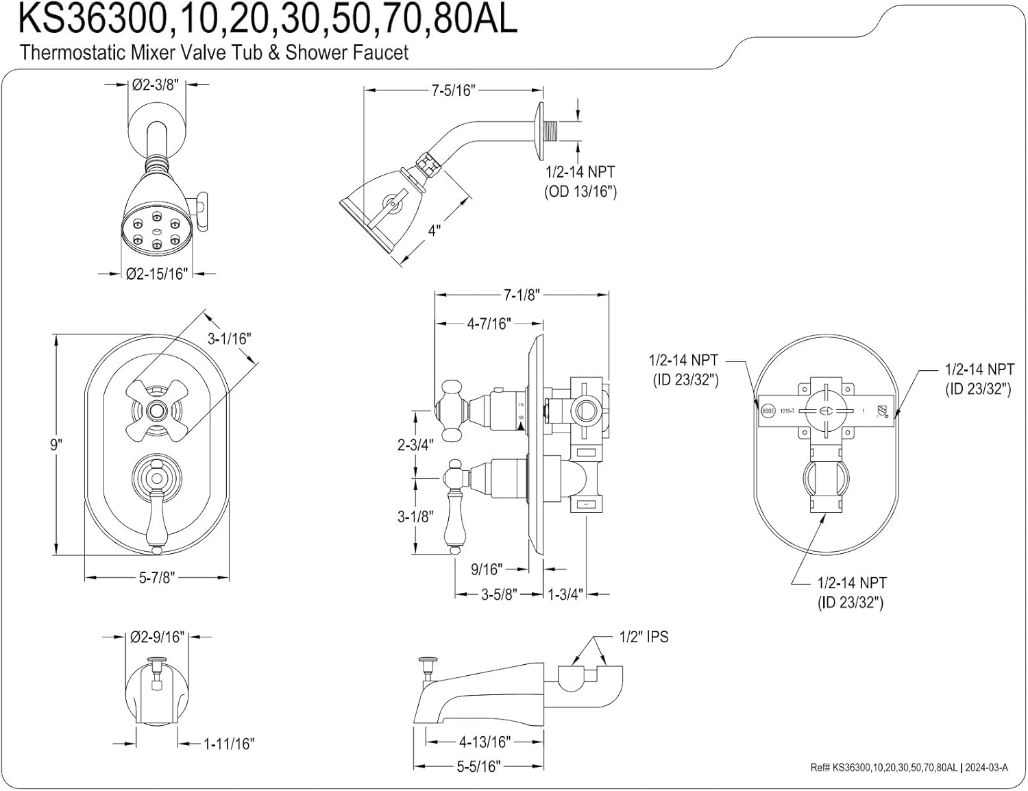 Kingston Brass KS36310AL Restoration Double-Handle 3-Hole Thermostatic Tub and Shower Faucet with Plunger Diverter in Polished Chrome
