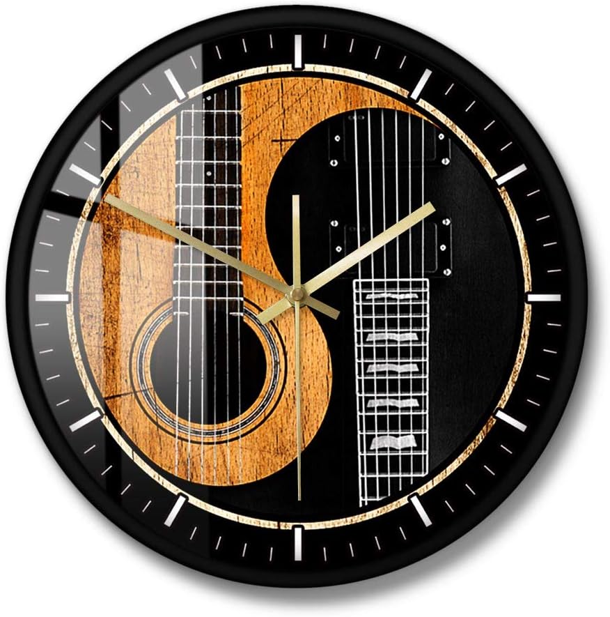 The Geeky Days Yin Yang Guitar Bass Metal Frame Silent Quartz Wall Clock Acoustic Guitar Silent Non-Ticking Wall Watch Music Studio Decor Musician Guitarist Gift