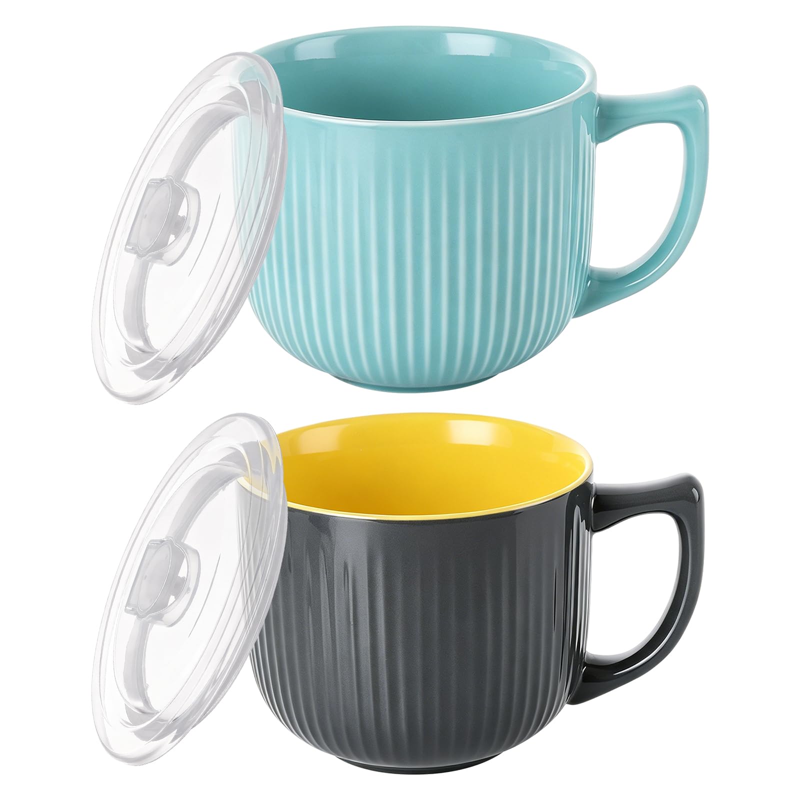 MUXHEL 2 Set Soup Bowls with Handles, 900ml Microwave Soup Mug with Lid, Dishwasher Safe Soup Cup Ceramic Soup Containers for Cereal, Oatmeal,Yogurt,Cereal,Noodle,Breakfast-Grey+Blue