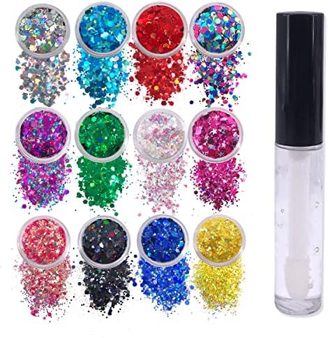 12 Pack - Multi-Colored Face & Body Glitter - Glue Included - Rainbow Chunky Glitter - Uses Include: Festival Rave Makeup Face Body Nails Resin Arts & Crafts, Resin, Tumblers, Bath Bombs