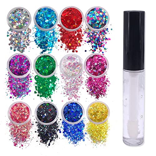 12 Pack - Multi-Colored Face & Body Glitter - Glue Included - Rainbow Chunky Glitter - Uses Include: Festival Rave Makeup Face Body Nails Resin Arts & Crafts, Resin, Tumblers, Bath Bombs #TOP30
