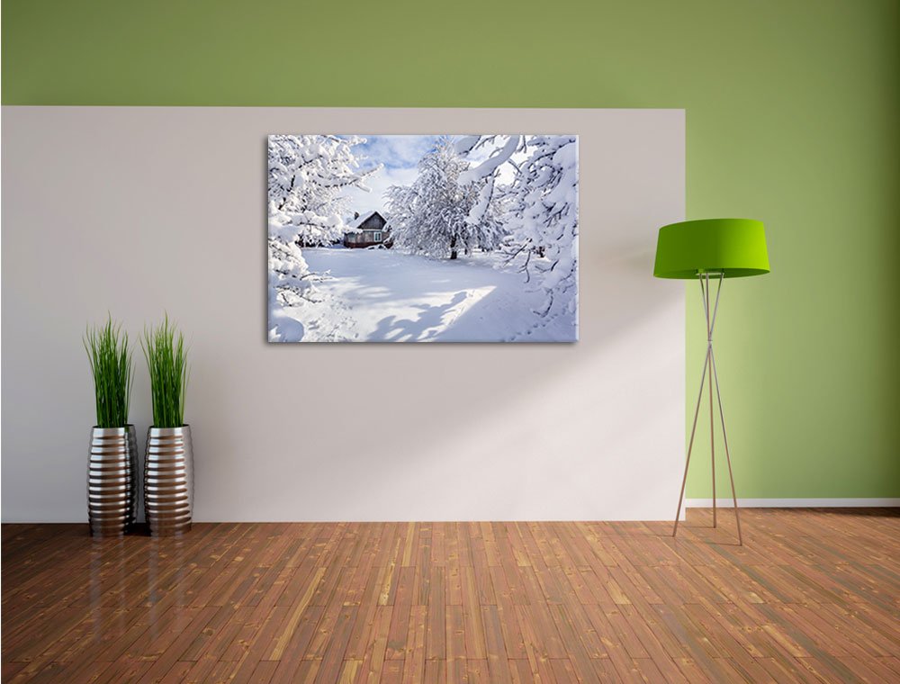 Pixxprint Paesaggio invernale neve sole foresta, finestra, dimensioni: 100 x 70 cm, su tela, pronto da parete, decorazione artistica