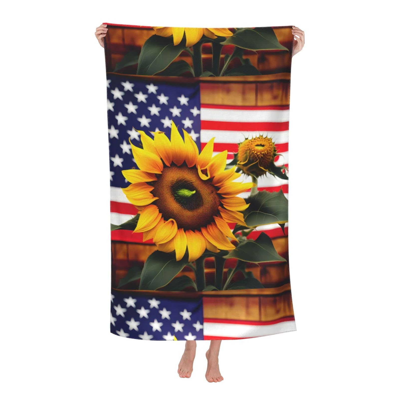 Sunflower And American Flag Print Adult Beach Towels,Beach & Pool Towel,Beach Towels,Towels For Camping