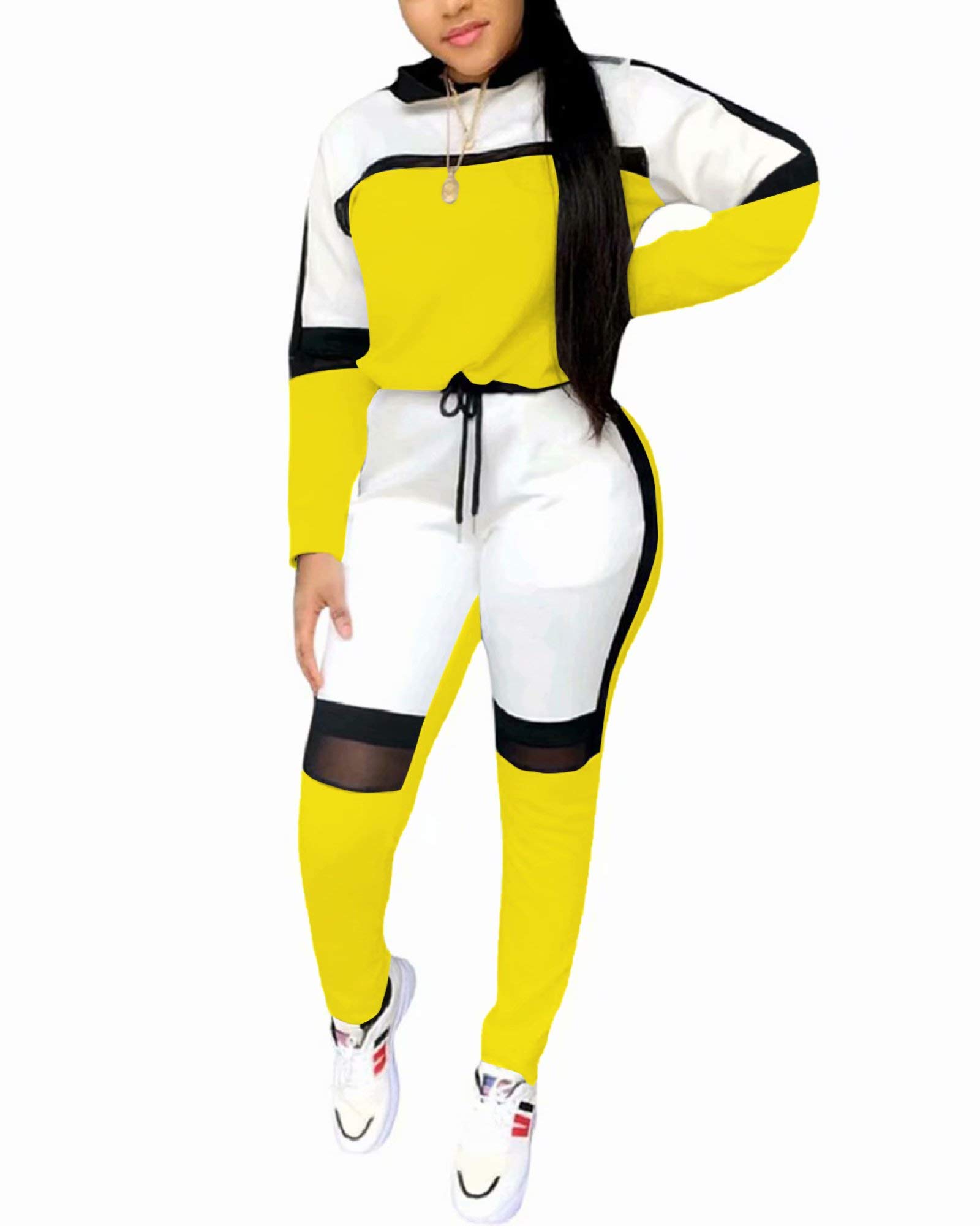 Women's Casual Sweatsuit Two Piece Outfits Patchwork Net Color Block Pocket Hooded Top Pant Set Jogger Tracksuit