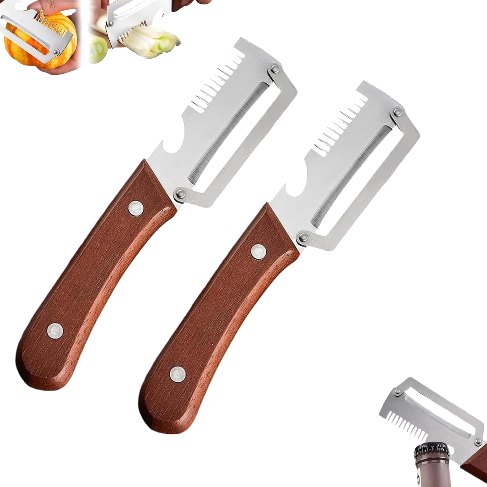 Husi Pafabx Peeler, 3-in-1 Scallion Shredder & Peeler, Multifunctional VegetablePeeler, VegetablePeeler with Wooden Handle, 2-in-1 Serrated Peeling Knife Premium VegetablePeeler (2PCS)