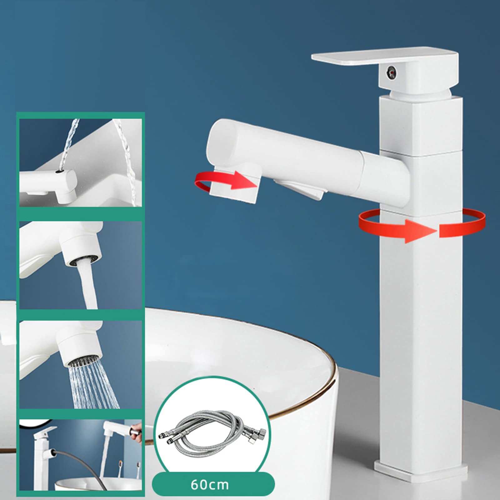 Generico Rubinetto da Bagno Rubinetto Miscelatore Girevole con Doccetta Estraibile per Lavabo da Cucina E Bagno Bianco Quadrato Alto
