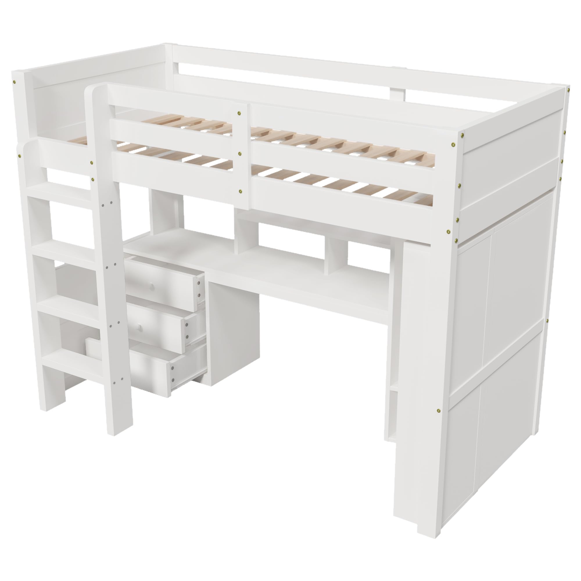 Moimhear Hochbett, Mit LED-Leuchten, Kleiderschrank und Schreibtisch, mit Schubladen und Staufächer, Ohne Matratze, Weiß (90x200cm)