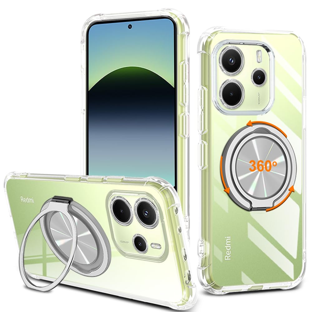 for Xiaomi Redmi Note 14 4G Phone Case, 360° Rotatable Ring Holder Kickstand/Stand [Non Yellowing] Transparent 4 Corners Shockproof Protective Cover Case for Redmi Note 14 4G 2025 - Crystal Clear