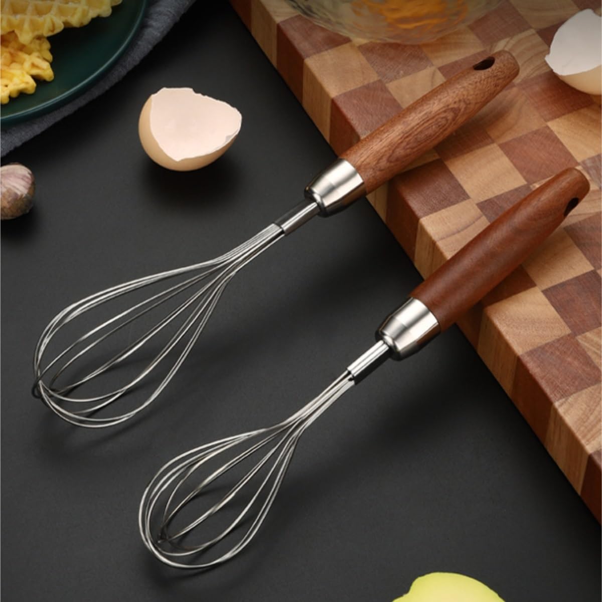 Sbattitore Uova Utensili da Cucina con Manico in Legno in Acciaio Inossidabile, Mixer Manuale for Uso Domestico, Sbattitore for Uova, Farina, Crema, Frusta Utensili Cucina(27.5x6cm)