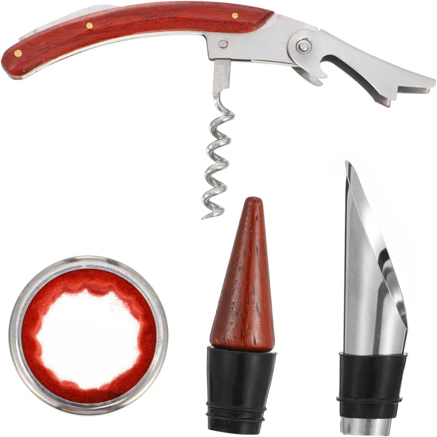 Red Wine Cork Remover 3 Piece Set Stainless Steel Wood for Parties