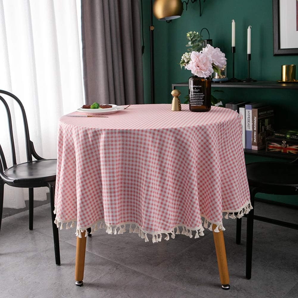 Amzali Tassel Tablecloth Cotton Linen Dust-Proof Table Cover for Kitchen Picnic Dinning Tabletop Home Decoration (Round 60 Inch, Pink & White)