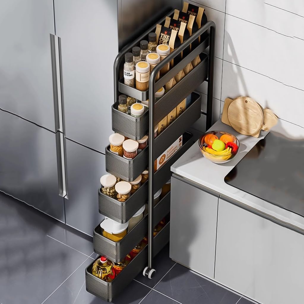 Carrello portaoggetti in Metallo a 5 Ripiani, Carrello Sottile con Ruote, Contenitore Estraibile con cestelli in Rete per spazi ristretti, scaffalatura Stretta per Bagno (Nero, 15
