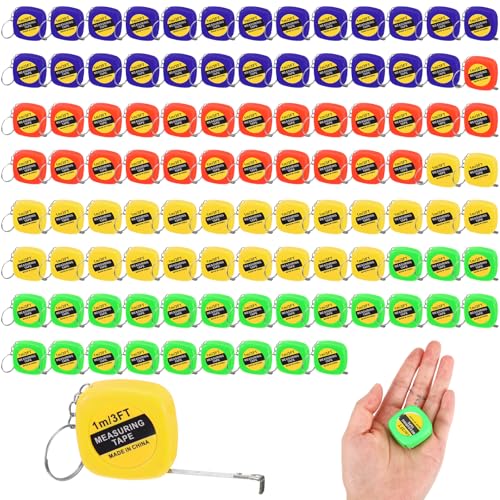 100pcs Tape Measure Keychain Bulk Retractable Mini Tape Measure Inch/Metric Scale Portable Pocket Key Chain Small Measuring Tapes for Construction Party Favors Bag Filler Prize DIY Projects 4 Colors