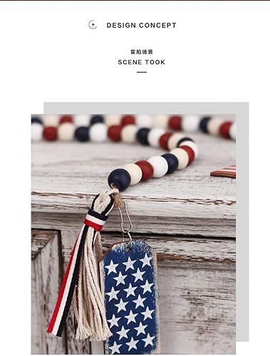 CYee Guirnalda patriótica de cuentas de madera para el 4 de julio con borlas rústicas para colgar en la pared con etiqueta de bandera estadounidense