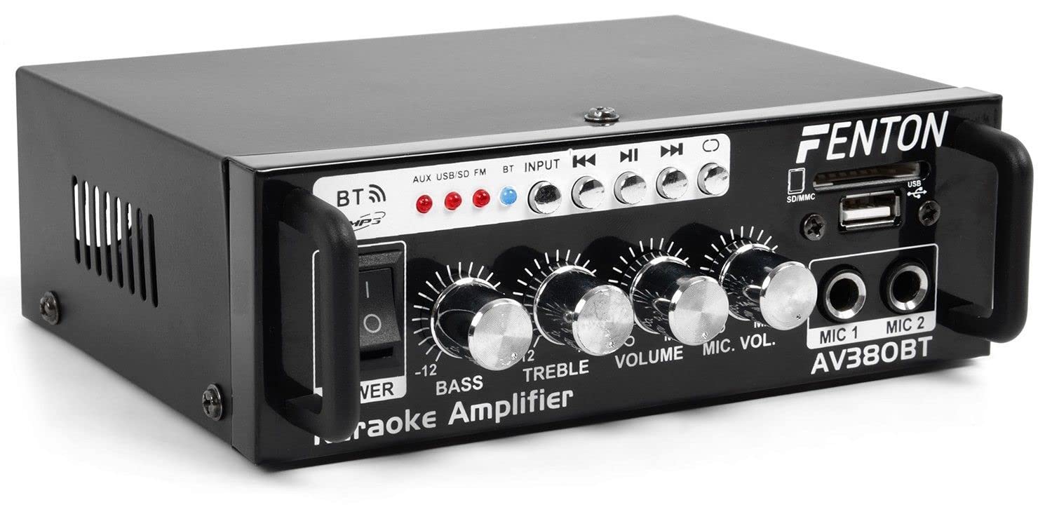 Fenton AV380BT Juego de Karaoke Plug & Play con 2 micrófonos, Juego de Altavoces y un Amplificador de 2 x 40w con Bluetooth y Reproductor de MP3 con Lector USB y SD