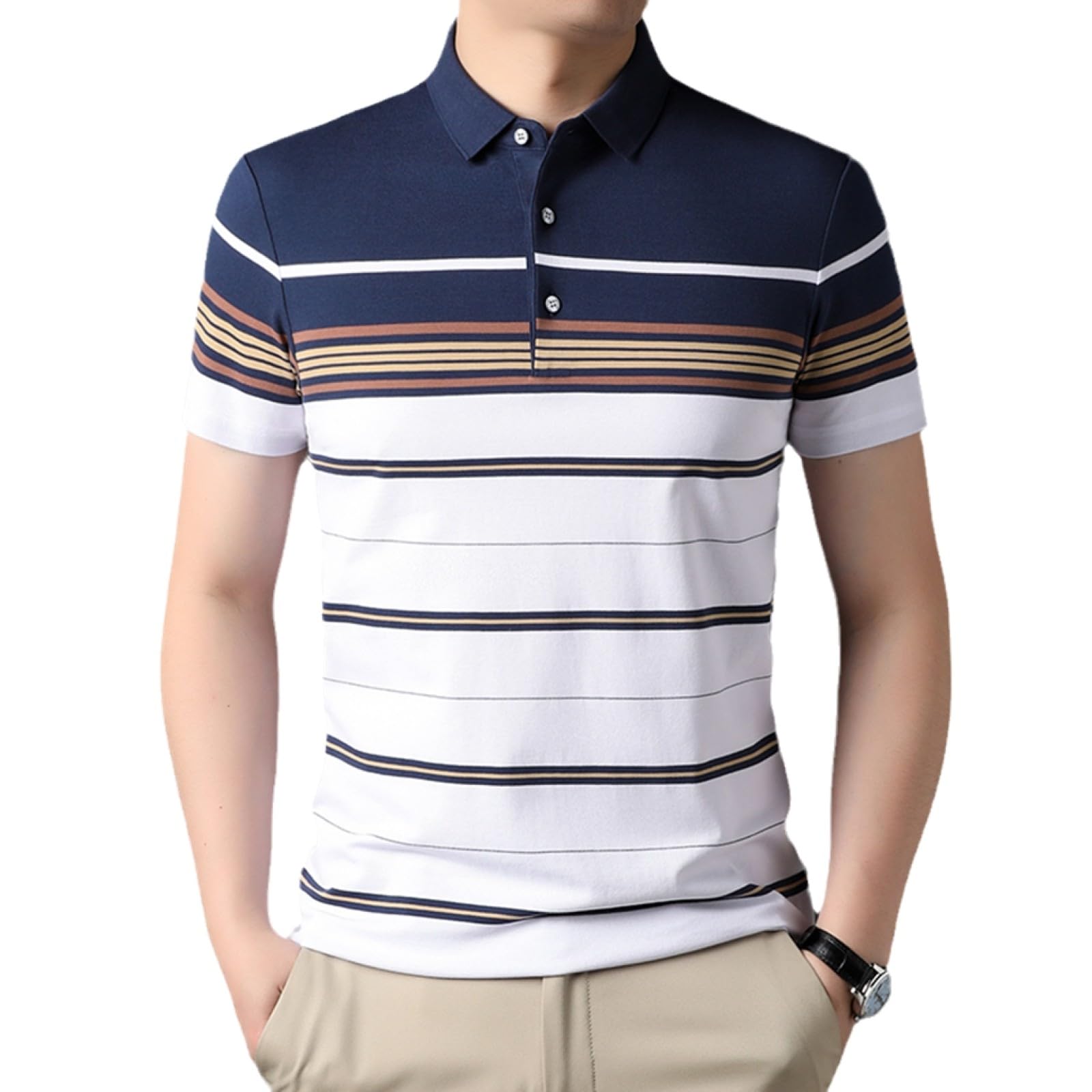 Moda Casual - Polo da Lavoro Slim da Lavoro Estiva Estiva in Cotone Blu Navy di Lusso con 3 Bottoni per Uomo Top A Maniche Corte Moda Abbigliamento Uomo
