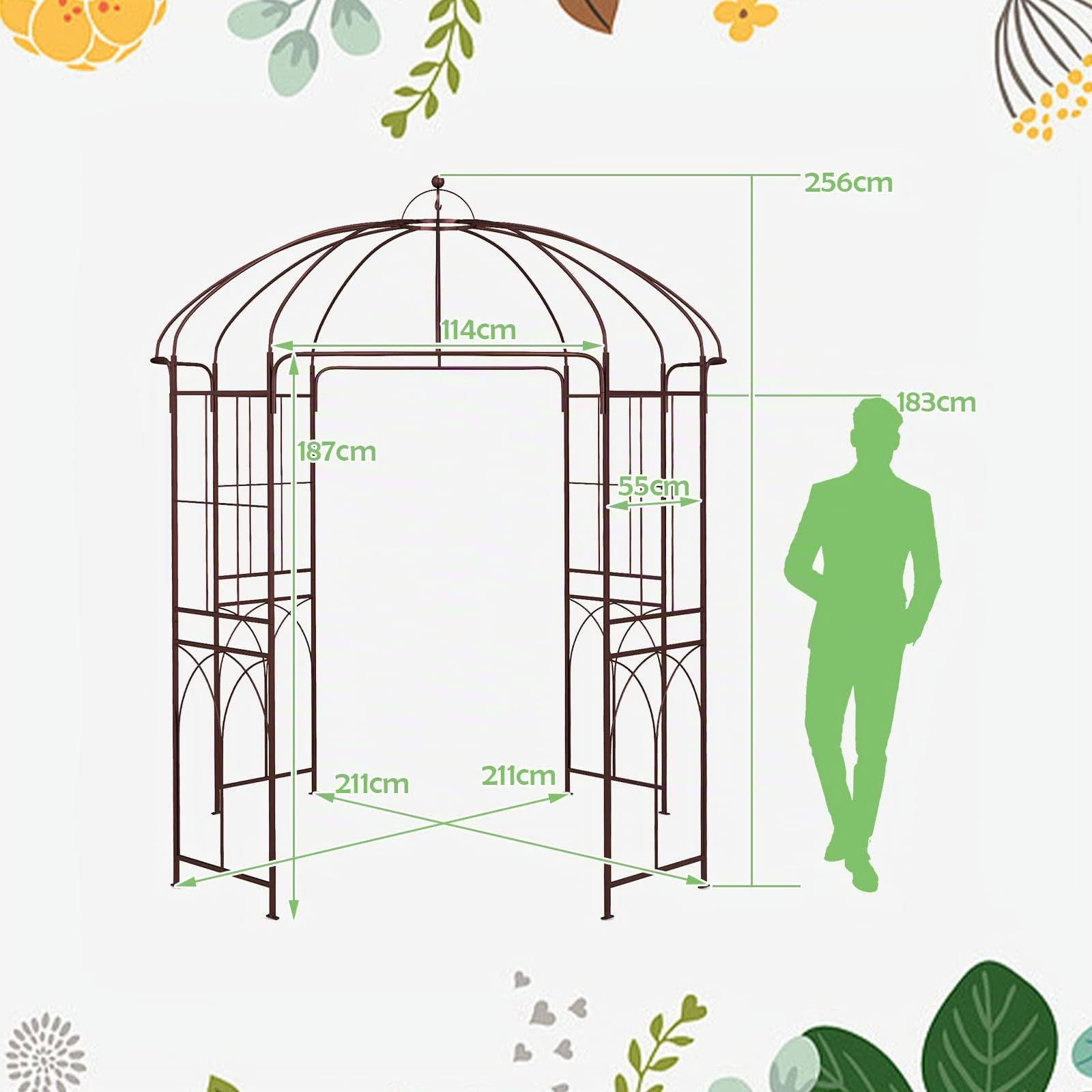 HOMASIS Pavillon per rose in metallo, arco per giardino con ganci e tetto, pergolato per piante rampicanti, pergola da giardino per matrimoni (211x211x256cm, bronzo)