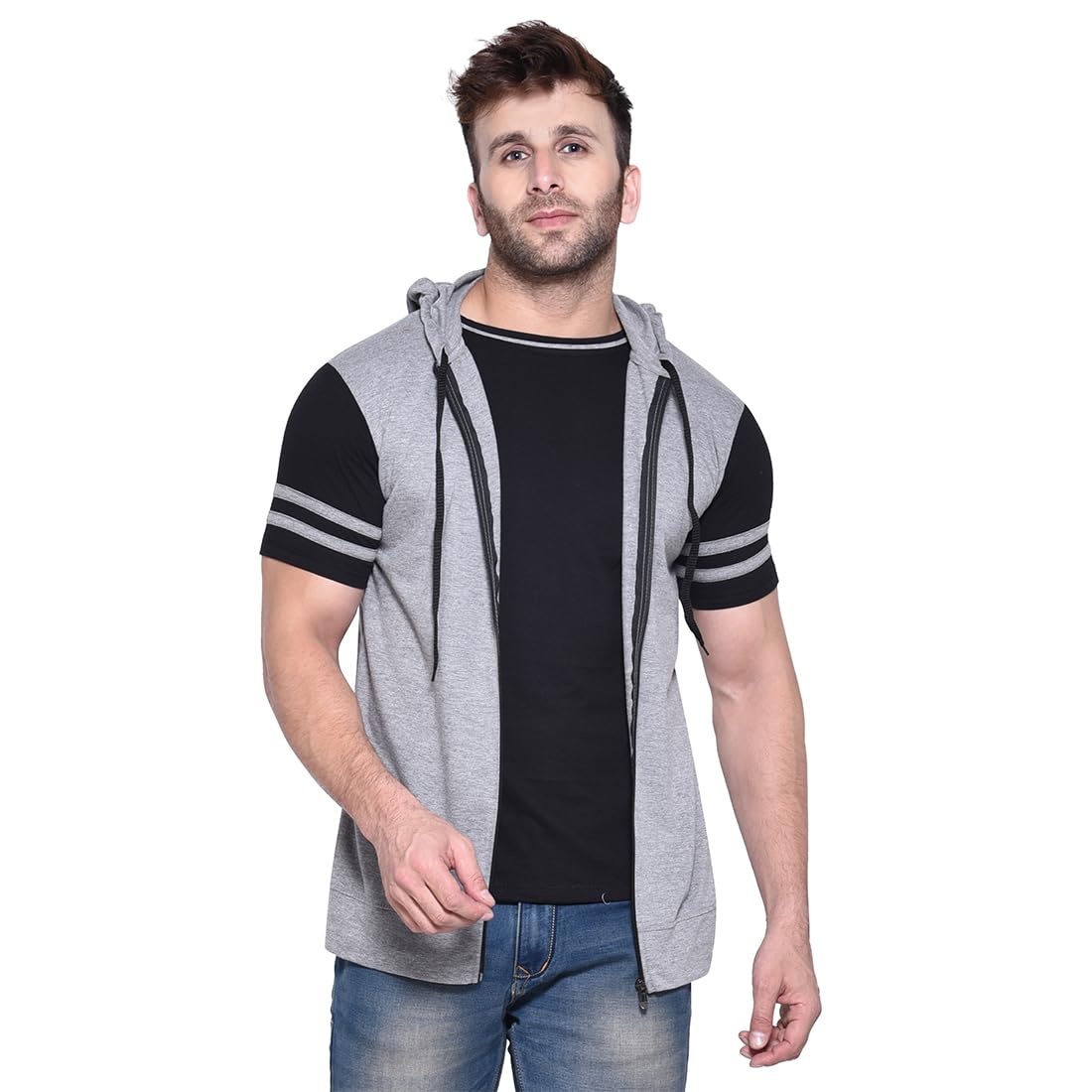blisstone Men's Sleeveless Hoodie with Short Sleeve Inner T-Shirt and Zipper-picture-55
