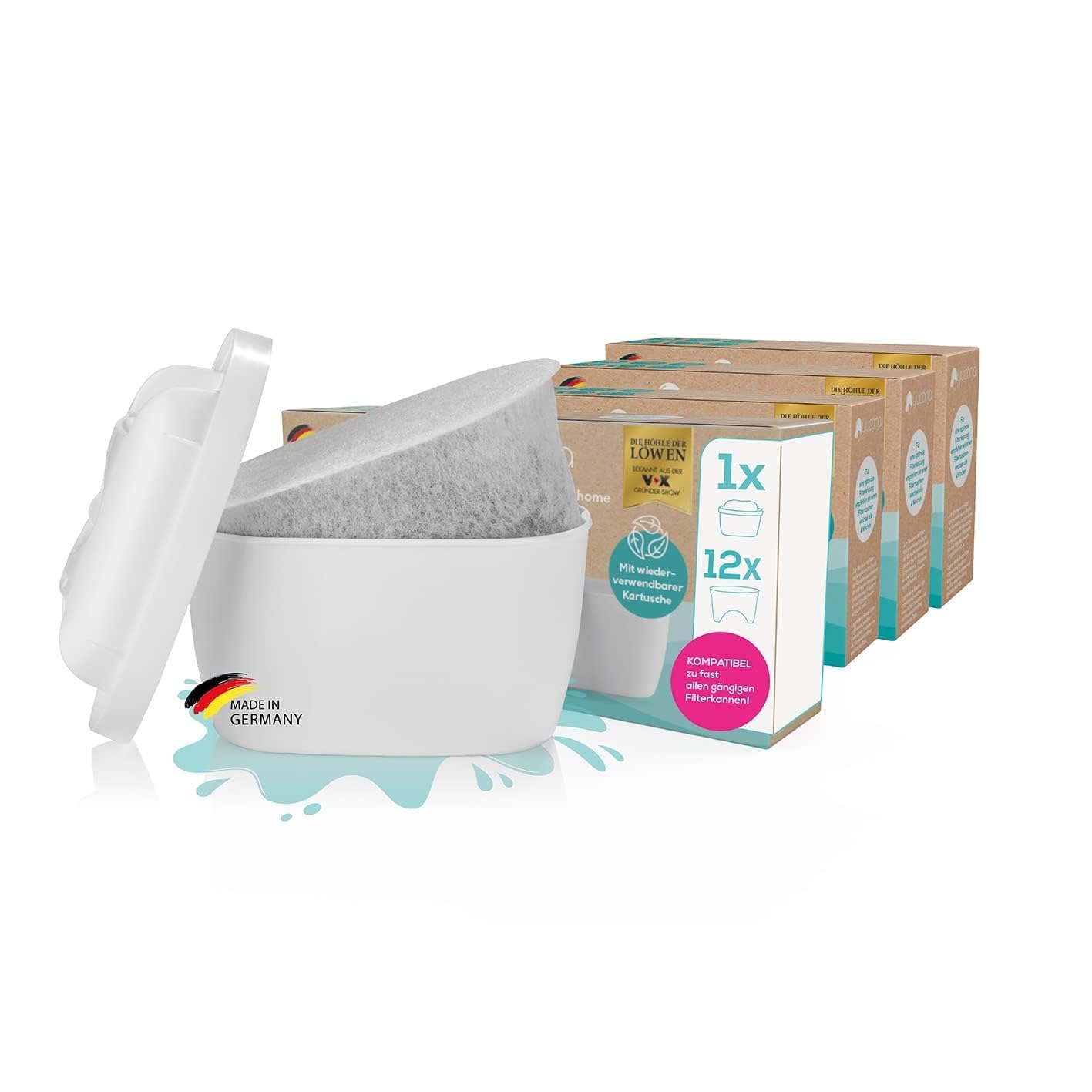 yucona® Cartucho de filtro de agua reutilizable, Kit de iniciación de 13 piezas (12 meses), Filtro de agua con un 96% de ahorro de plástico, Incluye bolsas de filtro, Carbón activo de cáscara de coco