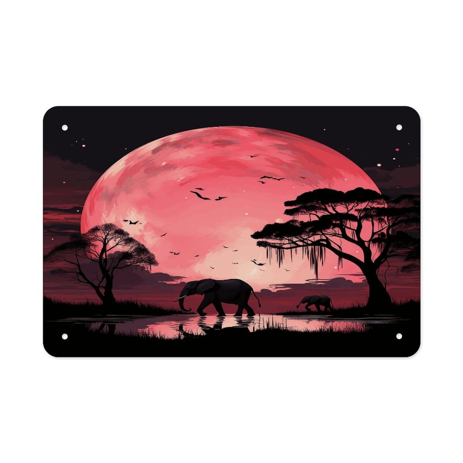 Pink Moon Elephant Metal Tin Sign 12"x8" Wall Art Prints Poster Decorative Picture Metal Signboard Decor Painting Folded Edge Iron Sheet Painting with Holes for Wall Decor