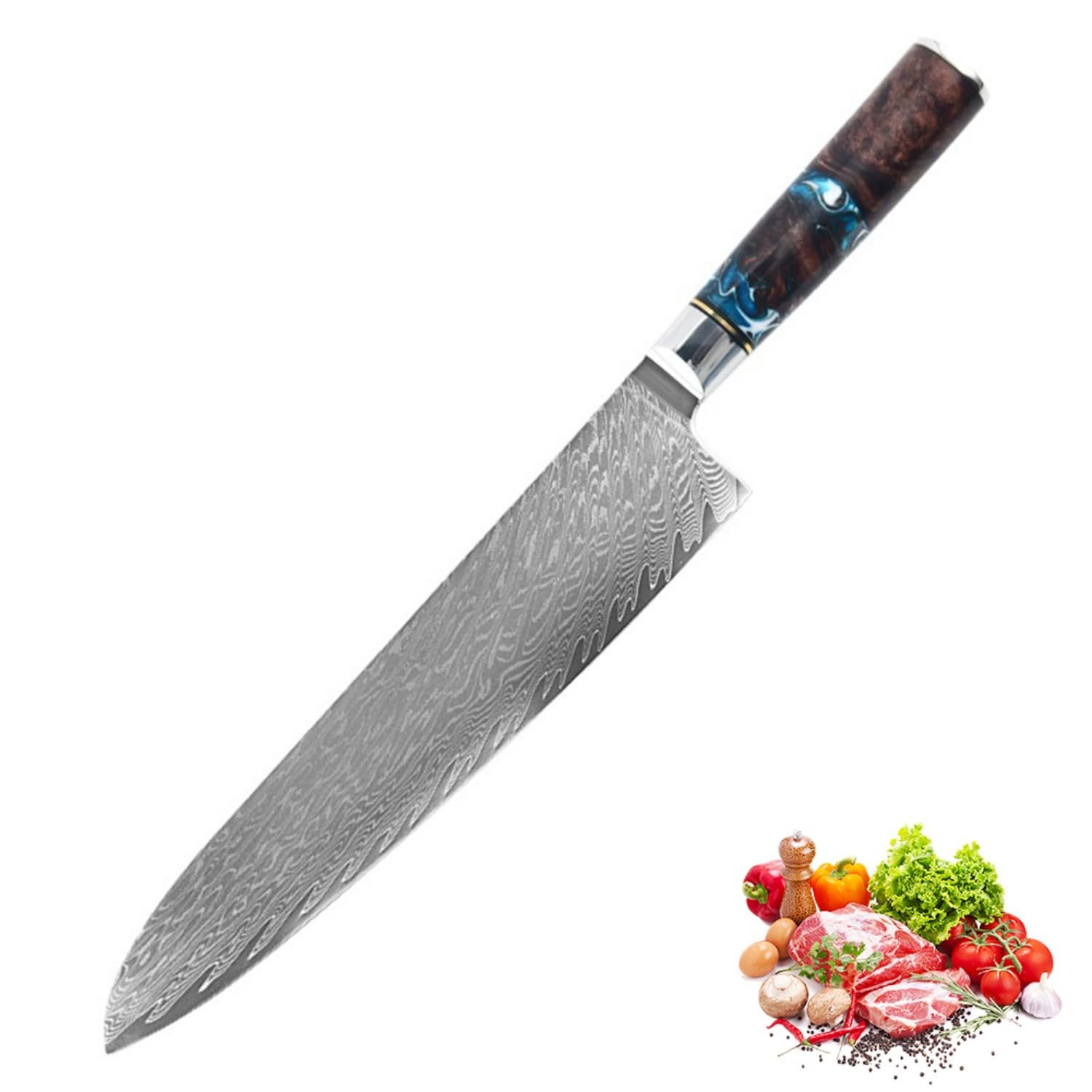 ダマスカス波紋仕上げの鋼製包丁 Amazon | VGTEN 牛刀包丁 ダマスカス包丁 刃渡り240mm V金10