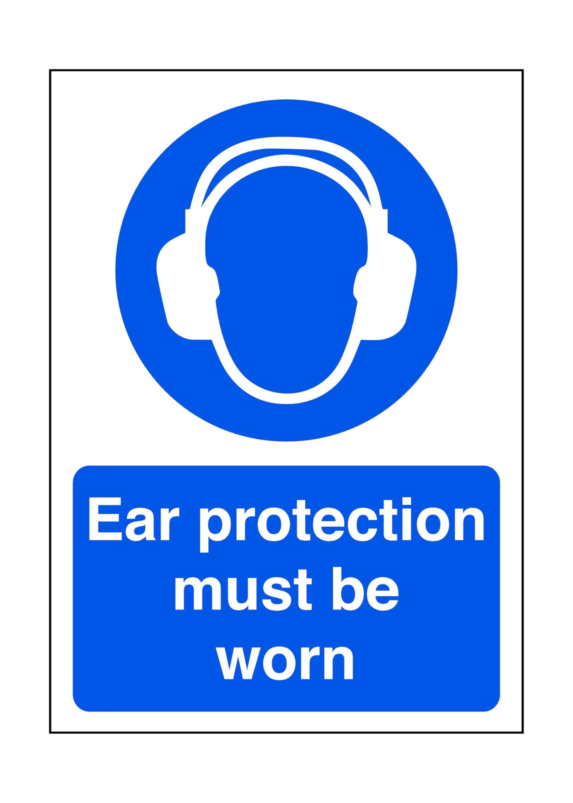 Safety First Display Ltd Blue/White Ear Protection Must Be Worn - Safety Sign, Ppe Clothing, Ppe - High Tack Self-Adhesive Sticker (300Mm X 200Mm) Viewing Distance Within 7M.