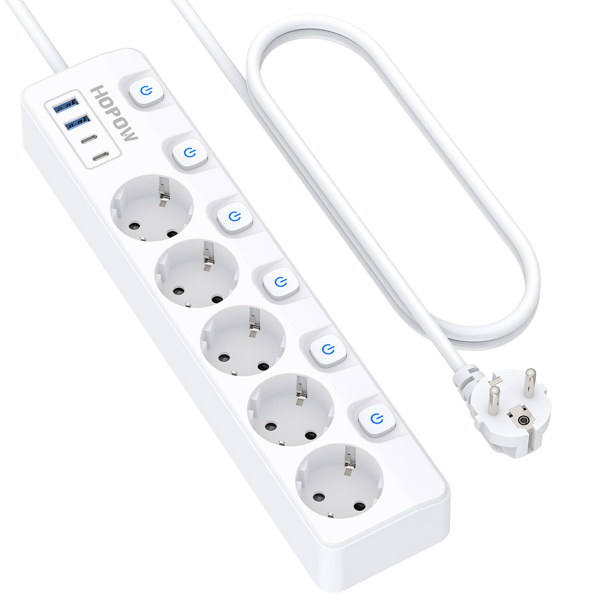 9-in-1 Steckdosenleiste einzeln schaltbar, 5-Fach Mehrfachsteckdose mit 4 USB-Ports(3680W,16A), 1050J Überspannungsschutz, Wandmontage, 2m Verlängerungskabel, Ideal für zu Hause, Büro und Reisen, Weiß