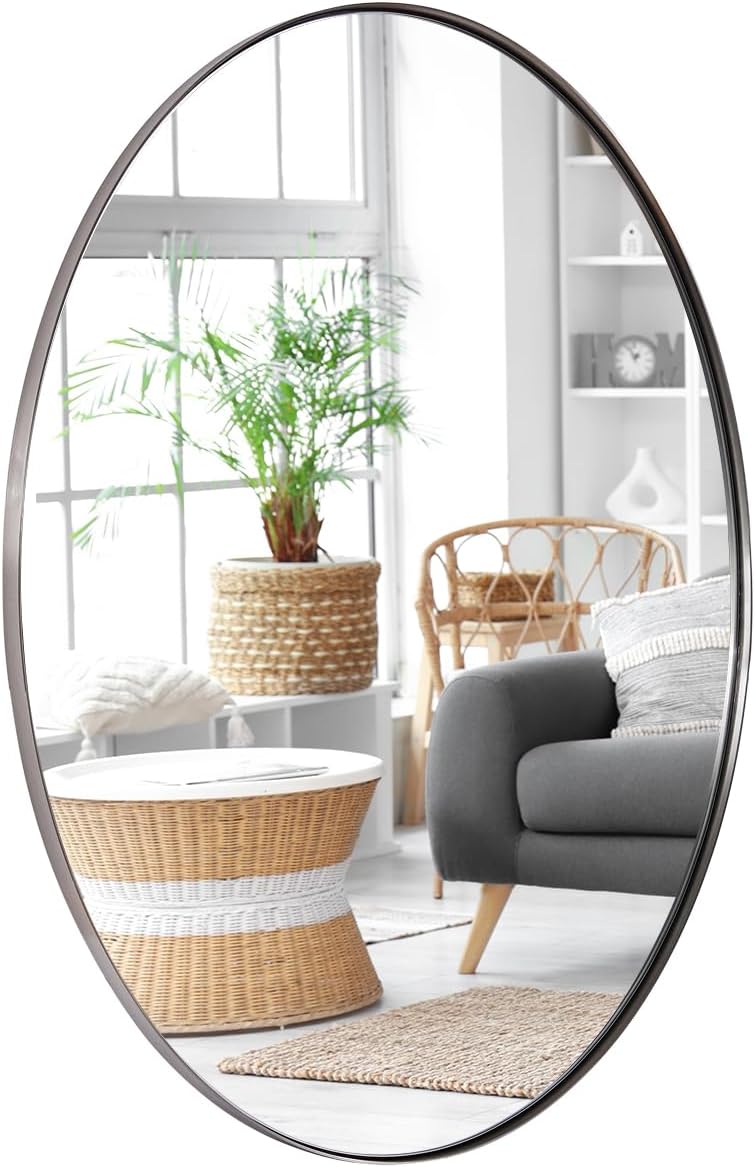 ANDY STAR Brushed Nickel Oval Mirrors for Bathroom, 22x30 Inch Silver Stainless Steel Metal Framed Oval Wall Mirror, Modern Vanity Mirror Wall Mount Horizontal or Vertical Brushed Nickel 30"L x 22"W
