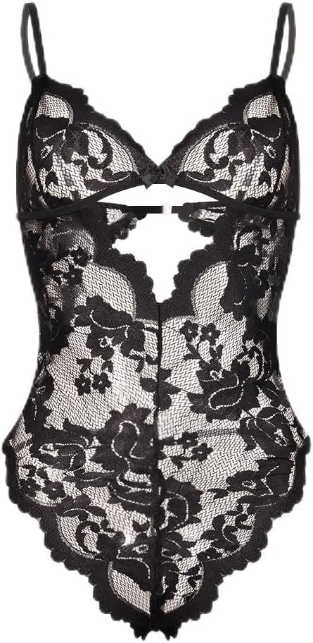 Women Lingerie Lace Bodysuit Teddy Lingeries V Neck Cut Out One Piece Mini Babydoll Sheer Chemise Nightwear Negligee Black X-Large
