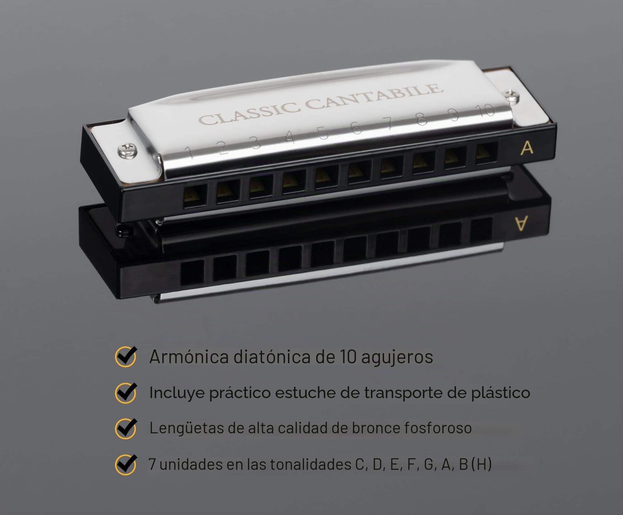 Classic Cantabile AHBS-7 Alabama Blues Harmonica Set de 7, Afinaciones: C | 7 armónicas diatónicas, B (H), Placas especiales para el típico sonido de armónica blues, Material de la caja: acero cromado