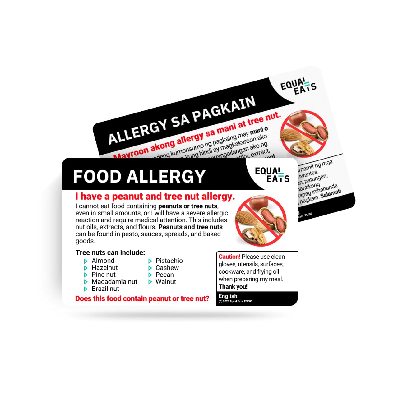 Equal Eats Peanut & Tree Nut Allergy Translation Card, Credit Card Size, PVC Material, English Language, Travel Dining Safety Card for Restaurants (Tagalog)