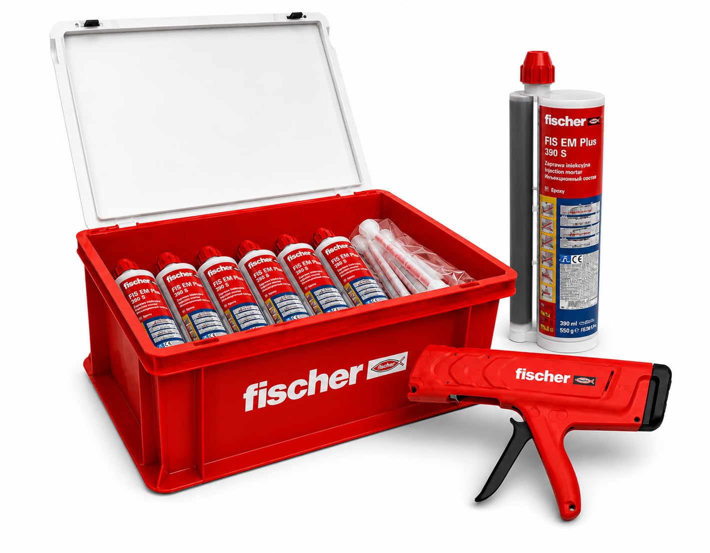Fischer FIS EM Plus 390 S - Set di malta per resina epossidica, 12 x 390 ml, malta ad iniezione con 24 miscelatori statici FIS MR Plus, pistola per spremere FIS DM S Pro e valigetta per fissaggi