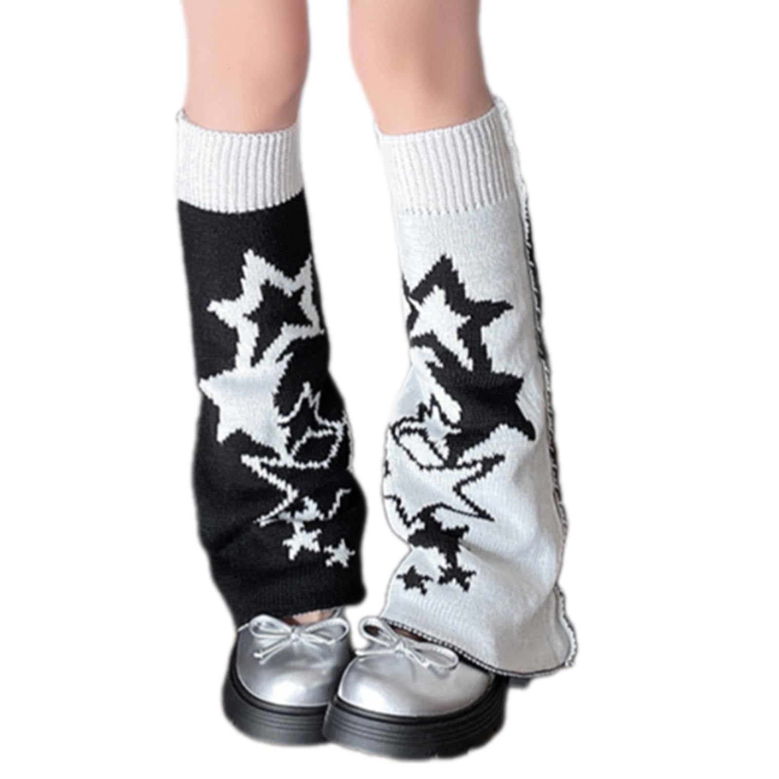 Maxtonser Double Sided Wearable Cats Pattern Long Leg Sleeves for Women Punk Knitted Flared Leg Warmer Covers Baggy Footless Socks