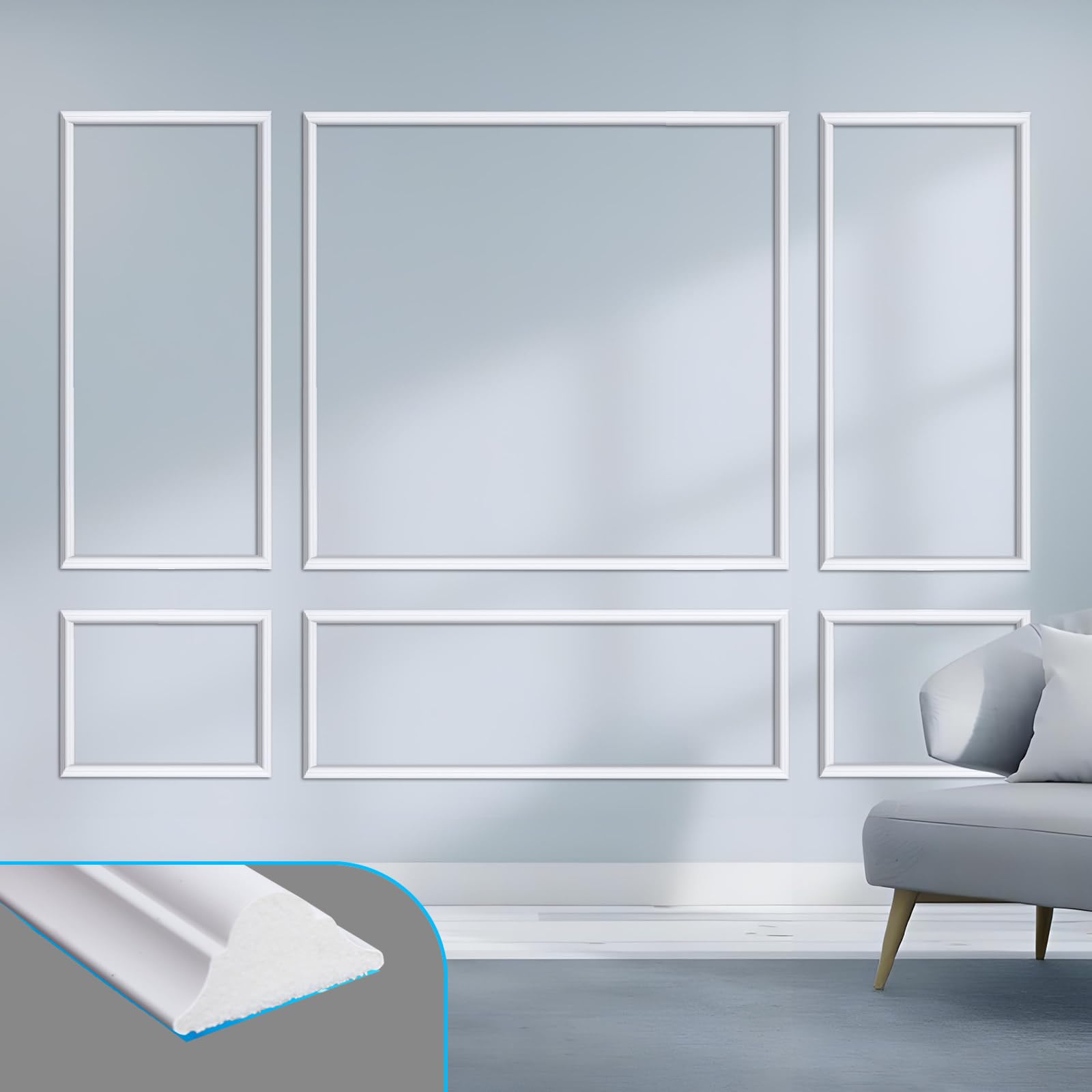 Premium Pre-Cut Wall Molding Kit Polystyrene Wainscoting Panels DIY Self-Adhesive 3D Accent Molding Trim Strips for Living Room, Bedroom, Hallway(6sets:(2 * 63"×30"+2 * 30"×23"+70"×63"+70"×23")